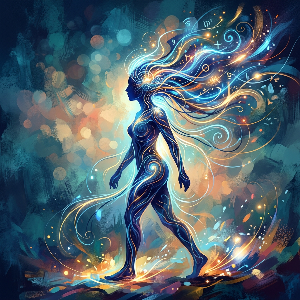 Silhouette of a person walking surrounded by swirling blue and orange energy lines and glowing particles