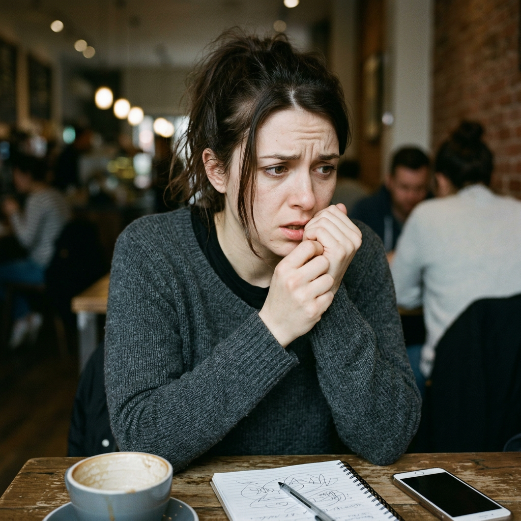 Worried woman with dark hair in a gray sweater sitting at cafe table with notebook, pen, coffee cup, and smartphone