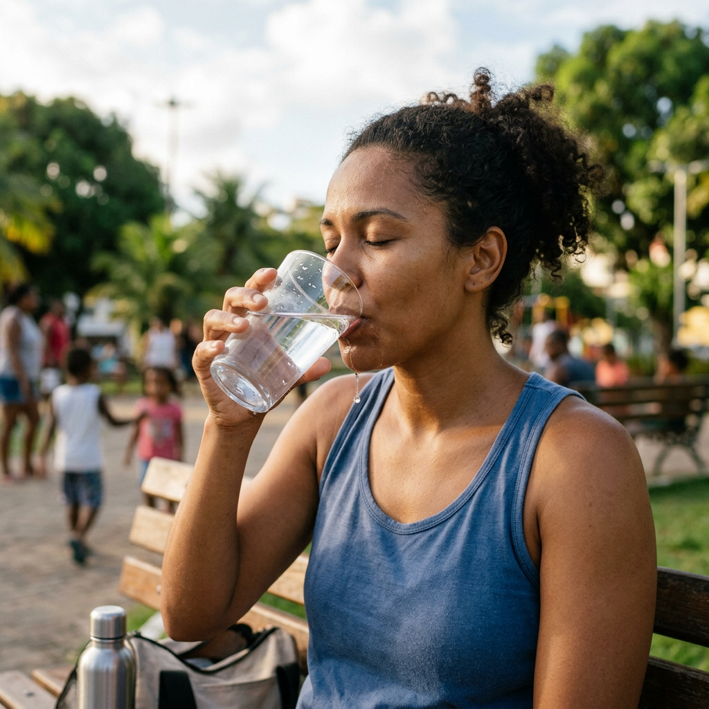 Woman drinking water from glass while sitting on park bench outdoors